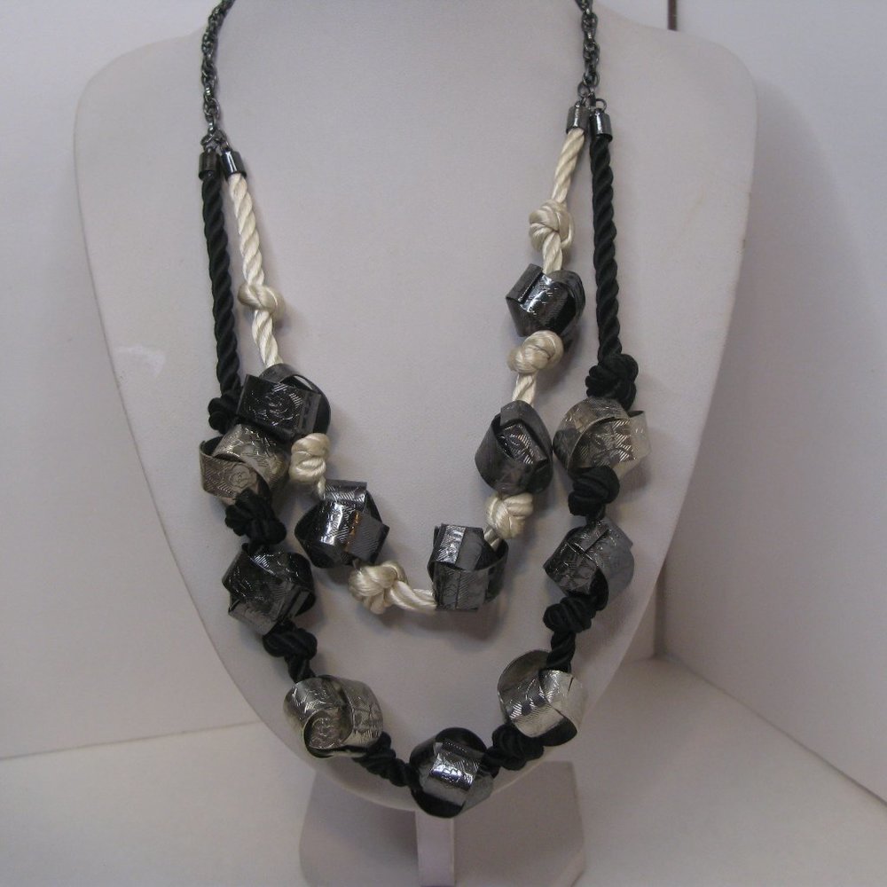 New York & Co Embossed Metal Knot Black White Cord Necklace